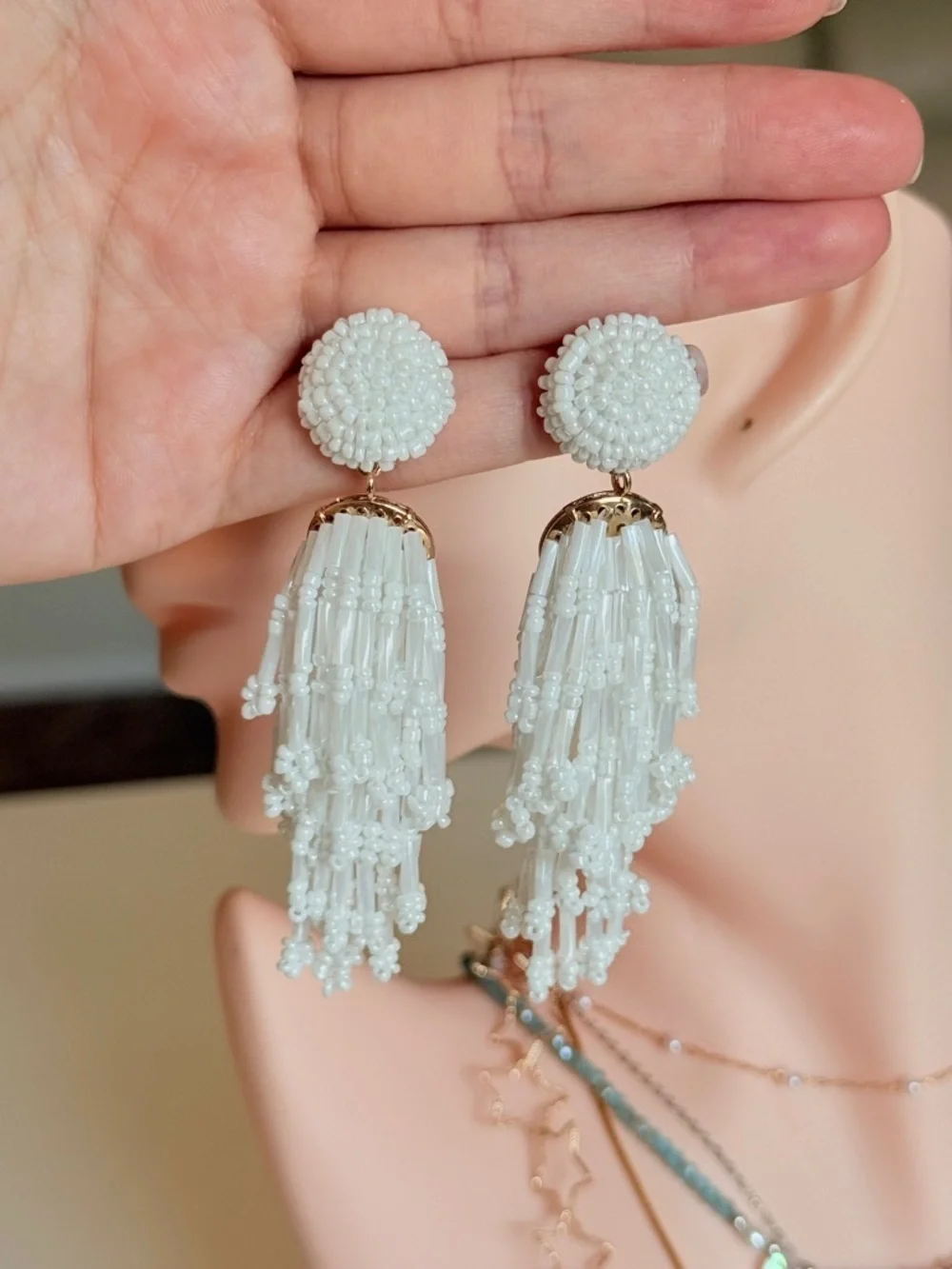 Elegant White Beaded Tassel Drop Earrings